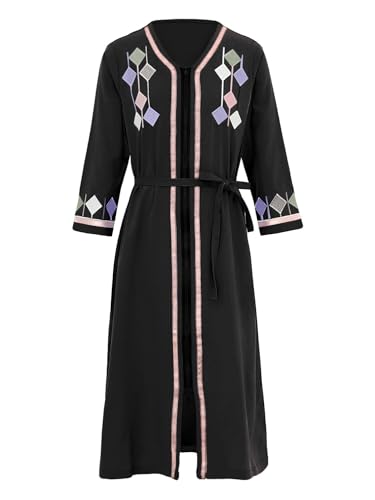 TiaoBug Mädchen Muslim Abaya Langarm Tunika Kleid Freizeitkleid mit Reisverschluss Gürtel Frühling Herbst Islamische Kleidung Schwarz 158-164 von TiaoBug