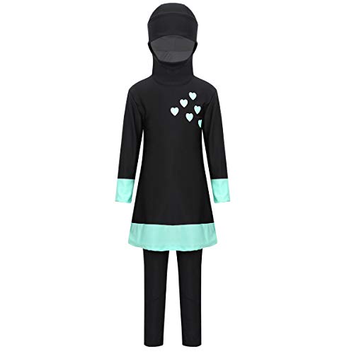 TiaoBug Mädchen Muslimischen Badeanzug Islamischen Full Cover Bescheidene Badebekleidung Set Tops mit Badehose lang Kinder UV-Schutz Bademode Schwarz/Grün 140-152 von TiaoBug