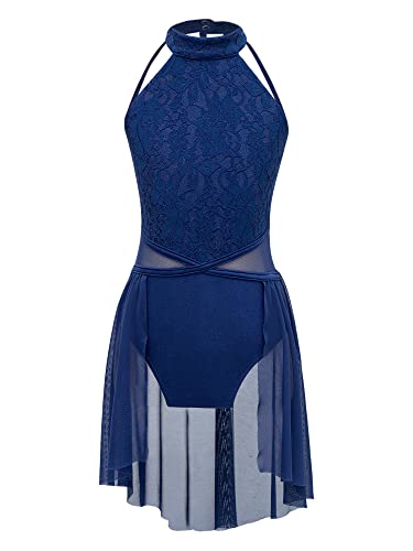 TiaoBug Mädchen Neckholder Ballettkleid Spitzen Tanzkleid mit Asymmetrischer Rock Rückenfrei Tanz Leotard Ballettkleidung Dunkelblau 170-176 von TiaoBug