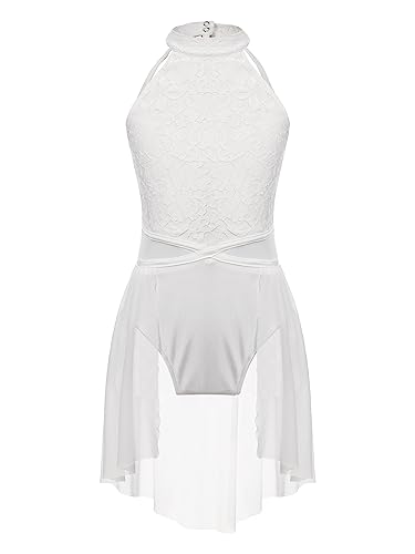 TiaoBug Mädchen Neckholder Ballettkleid Spitzen Tanzkleid mit Asymmetrischer Rock Rückenfrei Tanz Leotard Ballettkleidung Elfenbein 170-176 von TiaoBug