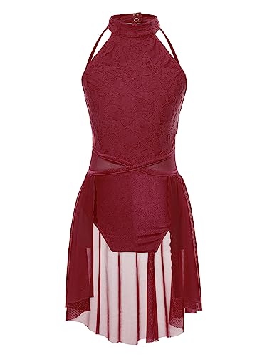 TiaoBug Mädchen Neckholder Ballettkleid Spitzen Tanzkleid mit Asymmetrischer Rock Rückenfrei Tanz Leotard Ballettkleidung Weinrot 146-152 von TiaoBug