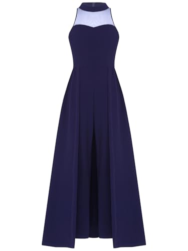TiaoBug Mädchen Neckholder Jumpsuit Kleid Festlich langes Kleid Hochzeit Partykleid Blumenmädchenkleid mit Rock und Lange Hose gr.122-170 Dunkelblau 158-164 von TiaoBug