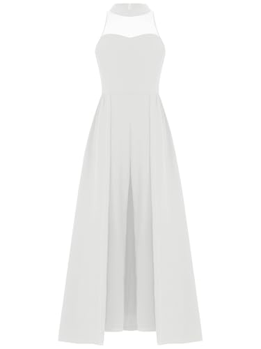 TiaoBug Mädchen Neckholder Jumpsuit Kleid Festlich langes Kleid Hochzeit Partykleid Blumenmädchenkleid mit Rock und Lange Hose gr.122-170 Elfenbein 170 von TiaoBug