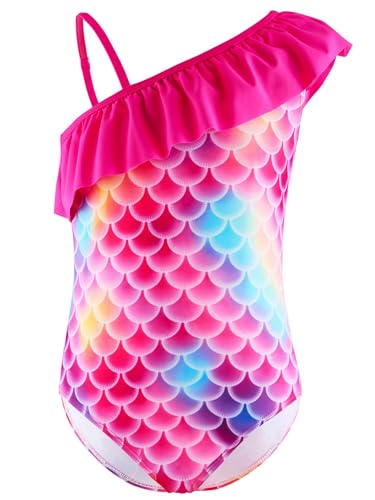TiaoBug Mädchen Niedlich Badeanzug Schwimmanzug Glänzend Fischschluppen Druck Meerjungfrau Kostüm Bademode Sommer Strandkleidung gr.92-152 Hot Pink G 110-116 von TiaoBug