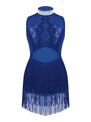 TiaoBug Mädchen Pailletten Tanzkleid mit Asymetrisch Fransen Rock Ballett Latein Chacha Samba Salsa Kleid Strass Rollkragen Tanzkostüm Royal Blau C 158-164 von TiaoBug