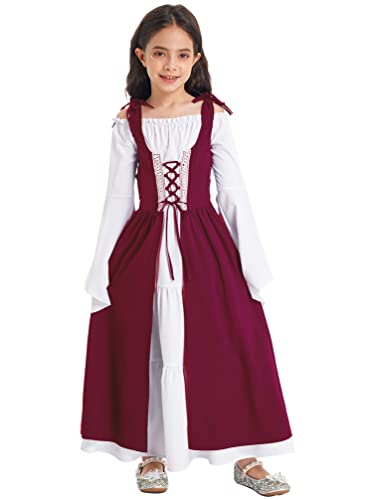 TiaoBug Mädchen Renaissance Mittelalter Kostüm Schulterfreies Viktorianische Kleid Lange Trompetenärmel Partykleid Weinrot 170-176 von TiaoBug