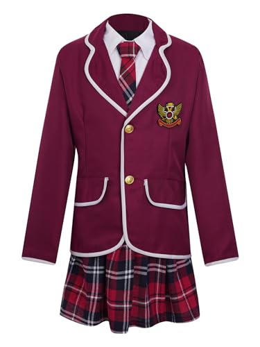 TiaoBug Mädchen Schulmädchen Kostüm Komplett Uniform Jacke Blazer + Langarm Bluse Weißes Hemd, Karierte Krawatte Mini Rock Japanischer Anime Fasching Weinrot 122-128 von TiaoBug