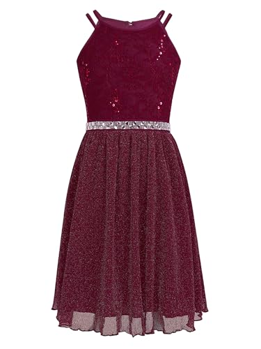 TiaoBug Mädchen Sommer Festkleid ärmellos Kommunions Hochzeit Kinder Festlich Party Kleid A-Linie Prinzessin Kleider mit Spitze Glitzer gr. 116-164 Dunkelrot C 164-170 von TiaoBug