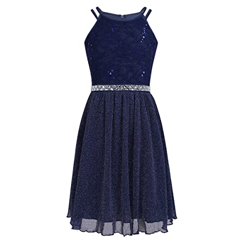 TiaoBug Mädchen Sommer Festkleid ärmellos Kommunions Hochzeit Kinder Festlich Party Kleid A-Linie Prinzessin Kleider mit Spitze Glitzer gr. 116-164 Navy Blau 152-164 von TiaoBug