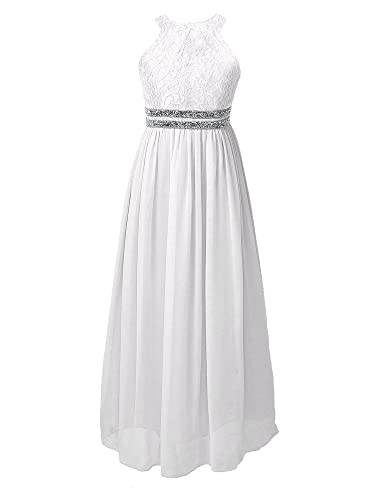 TiaoBug Mädchen Sommer Festkleid ärmellos Kommunions Hochzeit Kinder Festlich Party Kleid A-Linie Prinzessin Kleider mit Spitze Glitzer gr. 116-164 Weiß C 122-128 von TiaoBug