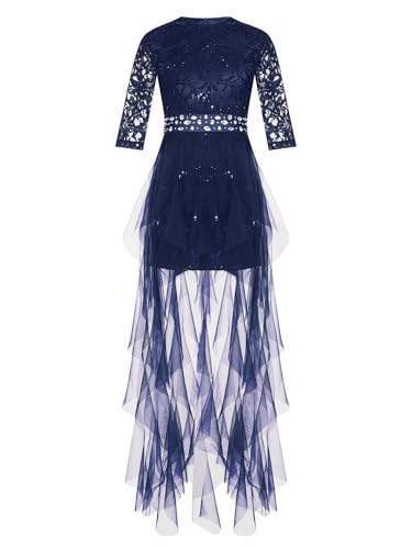 TiaoBug Mädchen Spitzen Kleider Festlich Pailletten Partykleid Halbarm Knielang Prinzessin Blumenmädchenkleider mit Mesh Tutu Hochzeit Festzug Kleidung gr.110-170 Dunkelblau 170 von TiaoBug