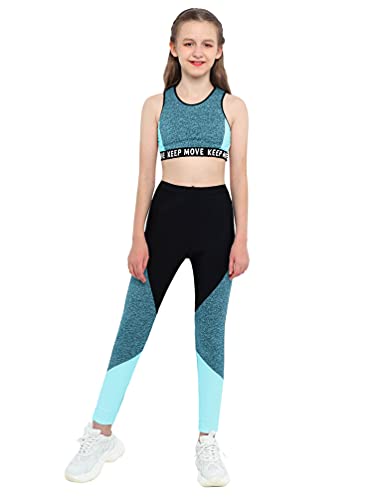 TiaoBug Mädchen Sport BH Jogginghose Sport Leggings Yoga Hose Trainingshose Sport Bustier ohne Bügel Yoga Fitness Training Bekleidung Set Grün Farbblock 134-140 von TiaoBug