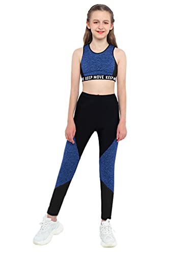 TiaoBug Mädchen Sport BH Jogginghose Sport Leggings Yoga Hose Trainingshose Sport Bustier ohne Bügel Yoga Fitness Training Bekleidung Set Blau Farbblock 134-140 von TiaoBug