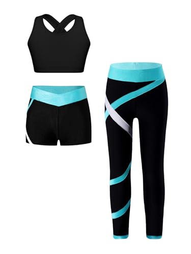 TiaoBug Mädchen Sport BH Jogginghose Sport Leggings Yoga Hose Trainingshose Sport Bustier ohne Bügel Yoga Fitness Training Bekleidung Set Blau Grün ZC 122-128 von TiaoBug