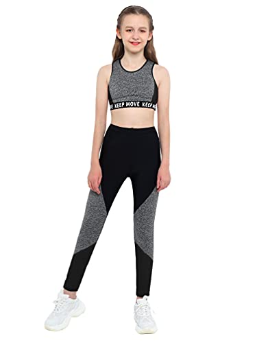 TiaoBug Mädchen Sport BH Jogginghose Sport Leggings Yoga Hose Trainingshose Sport Bustier ohne Bügel Yoga Fitness Training Bekleidung Set Dunkelgrau Farbblock 134-140 von TiaoBug