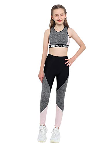 TiaoBug Mädchen Sport BH Jogginghose Sport Leggings Yoga Hose Trainingshose Sport Bustier ohne Bügel Yoga Fitness Training Bekleidung Set Grau Farbblock 122-128 von TiaoBug