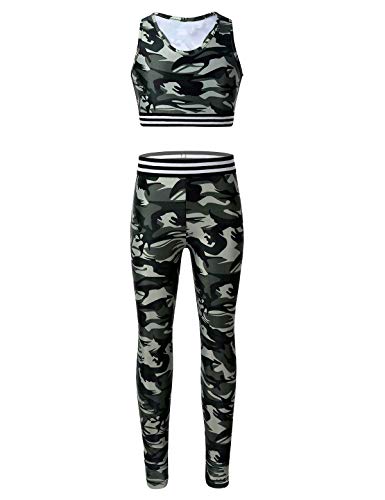 TiaoBug Mädchen Sport BH Jogginghose Sport Leggings Yoga Hose Trainingshose Sport Bustier ohne Bügel Yoga Fitness Training Bekleidung Set Grün Tarnung 134-140 von TiaoBug