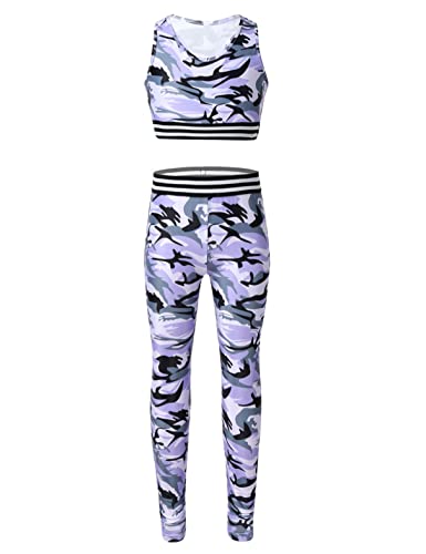 TiaoBug Mädchen Sport BH Jogginghose Sport Leggings Yoga Hose Trainingshose Sport Bustier ohne Bügel Yoga Fitness Training Bekleidung Set Lila Camouflage 134-140 von TiaoBug