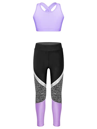 TiaoBug Mädchen Sport BH Jogginghose Sport Leggings Yoga Hose Trainingshose Sport Bustier ohne Bügel Yoga Fitness Training Bekleidung Set Lila D 122-128 von TiaoBug