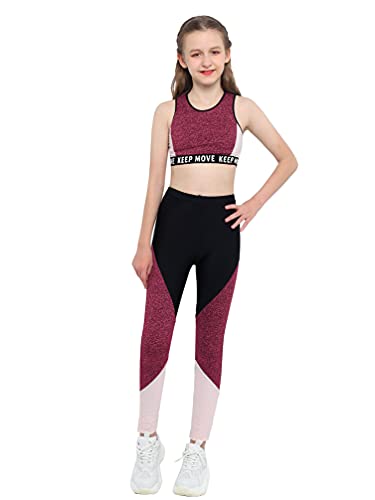 TiaoBug Mädchen Sport BH Jogginghose Sport Leggings Yoga Hose Trainingshose Sport Bustier ohne Bügel Yoga Fitness Training Bekleidung Set Rot Farbblock 146-152 von TiaoBug