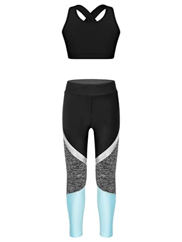 TiaoBug Mädchen Sport BH Jogginghose Sport Leggings Yoga Hose Trainingshose Sport Bustier ohne Bügel Yoga Fitness Training Bekleidung Set Schwarz&Hellblau D 146-152 von TiaoBug