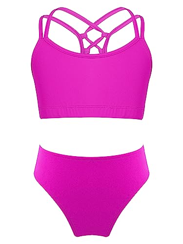 TiaoBug Mädchen Sport Bikini Tankini Set Crop Top Bustier Oberteil und Bikinislip Badehose mit Streifen Sonnenschutz Zweiteilige Badebekleidung Beachwear Hot Pink F 158-164 von TiaoBug