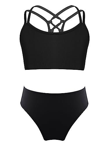 TiaoBug Mädchen Sport Bikini Tankini Set Crop Top Bustier Oberteil und Bikinislip Badehose mit Streifen Sonnenschutz Zweiteilige Badebekleidung Beachwear Schwarz F 134-140 von TiaoBug