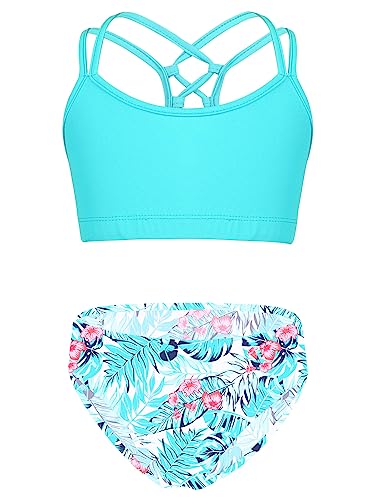 TiaoBug Mädchen Sport Bikini Tankini Set Crop Top Bustier Oberteil und Bikinislip Badehose mit Streifen Sonnenschutz Zweiteilige Badebekleidung Beachwear See Grün Blatt F 110-116 von TiaoBug