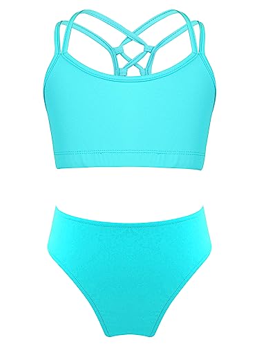 TiaoBug Mädchen Sport Bikini Tankini Set Crop Top Bustier Oberteil und Bikinislip Badehose mit Streifen Sonnenschutz Zweiteilige Badebekleidung Beachwear See Grün F 146-152 von TiaoBug