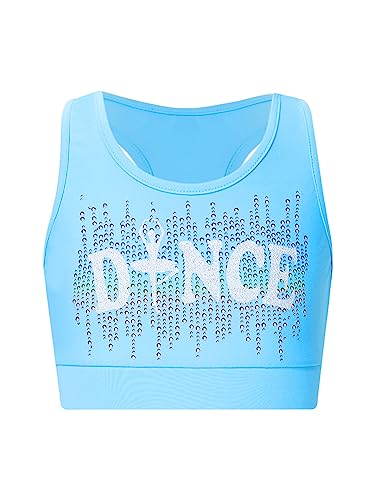 TiaoBug Mädchen Sport Bustier Bralette Top Ärmellos Unterhemd Ringerrücken Crop Top Bauchfreie Oberteile Yoga Fitness Shirts Laufen Tanz Weste Golden Streifen Cut-Outs Hellblau K 146-152 von TiaoBug