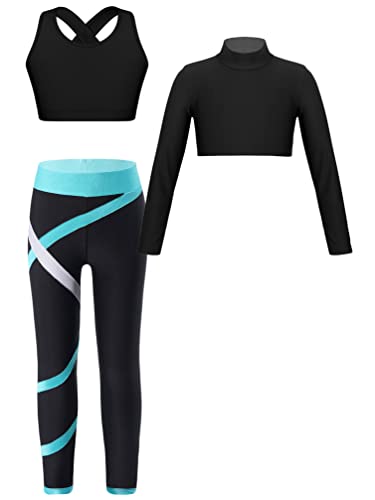 TiaoBug Mädchen Sport Kleidung Set Bustier BH + Langarm Rollkragen Shirts + Streifen Sporthose Laufhose Sommer Trainingsanzug Grün 134-140 von TiaoBug