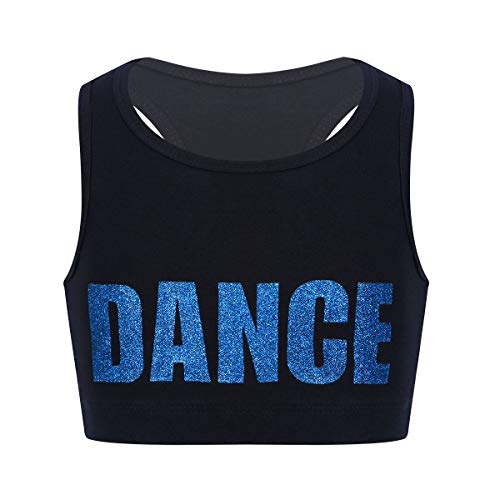 TiaoBug Mädchen Sport T-Shirt Ringerrücken Tank Top mit Buchstaben Hip Hop Tanz Oberteile kurz Bauchfrei Fitness Laufen Yoga Street Dance Kleidung Blau B 134-140 von TiaoBug