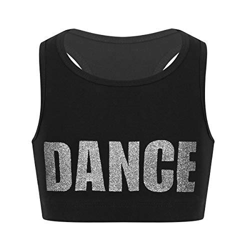 TiaoBug Mädchen Sport T-Shirt Ringerrücken Tank Top mit Buchstaben Hip Hop Tanz Oberteile kurz Bauchfrei Fitness Laufen Yoga Street Dance Kleidung Silber B 122-128 von TiaoBug