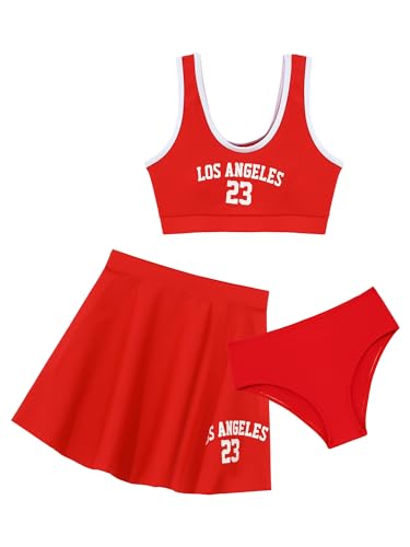 TiaoBug Mädchen Sport Tankini Bikini Set Badeanzug Schwimmanzug Buchstaben Nummer Druck Tank Top + Baderock mit Bikinihose 3 Teillig Bademode Gr. 122-152 Rot L 128-134 von TiaoBug