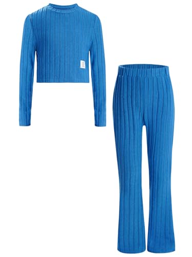 TiaoBug Mädchen Strickpullover und Strickhose Basic Einfarbig Langarm Crop Top Dehnbund Schlaghose Glockenhose Bekleidungsset Frühling Herbst Outfits Blau 146-152 von TiaoBug