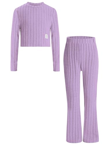 TiaoBug Mädchen Strickpullover und Strickhose Basic Einfarbig Langarm Crop Top Dehnbund Schlaghose Glockenhose Bekleidungsset Frühling Herbst Outfits Violett 134-140 von TiaoBug
