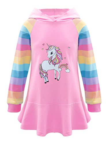 TiaoBug Mädchen Kapuzenpullover Langarm Sweatkleid mit Kapuze Einhörner Aufdruck Hoodie Cartoon Top Herbst Winter Kleid Knielang Freizeitkleider Rosa B 122-128 von TiaoBug