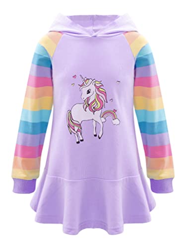 TiaoBug Mädchen Kapuzenpullover Langarm Sweatkleid mit Kapuze Einhörner Aufdruck Hoodie Cartoon Top Herbst Winter Kleid Knielang Freizeitkleider Violett B 122-128 von TiaoBug