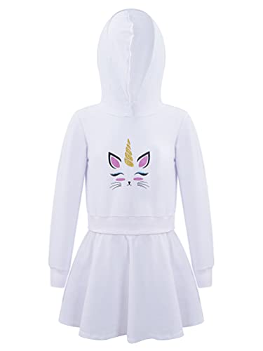 TiaoBug Mädchen Sweatkleid Langarm Kapuzenpullover Hoodie Kleid mit Einhörner Aufdruck Cartoon Top Herbst Winter Knielang Freizeitkleider Weiß Zweiteiler 158-164 von TiaoBug