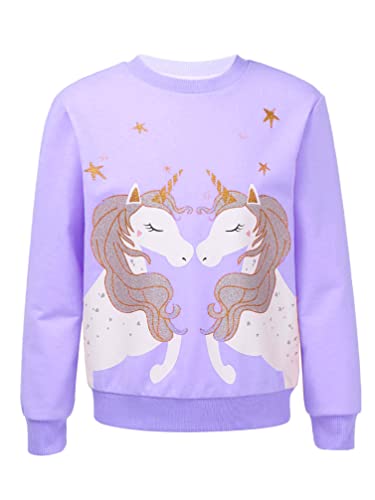 TiaoBug Mädchen Sweatshirt Langarm Pullover Pulli Shirt mit Pailletten Einhörner Aufdruck Warme Oberteile Kinder Prinzessin Winter Herbst Outfits gr. 98-152 Violett M 134-140 von TiaoBug