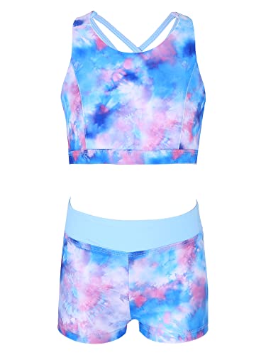 TiaoBug Mädchen Tankini Bikini Badebekleidungsset Sport Bustier Tank Top + Kurze Hose Badeshorts 2-teilig Sport UV-Schutz Badeset Beachwear Blau Batik C 158-164 von TiaoBug