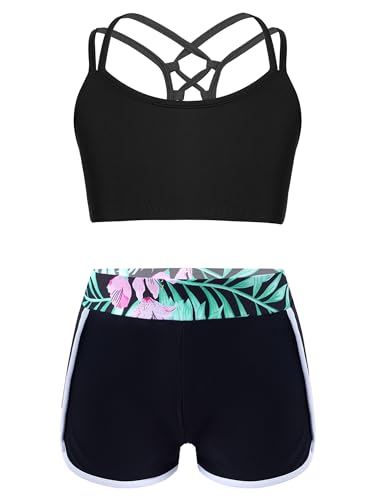 TiaoBug Mädchen Tankini Bikini Badebekleidungsset Sport Bustier Tank Top + Kurze Hose Badeshorts 2-teilig Sport UV-Schutz Badeset Beachwear Schwarz M 158-164 von TiaoBug