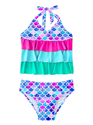 TiaoBug Mädchen Tankini mit Rüschen Rock Badeslip Badeanzug Kinder Meerjungfrauen Bikini Prinzessin Kostüm Beachwear Bademode Badebekleidung gr 116-176 Rose Rot B 170-176 von TiaoBug