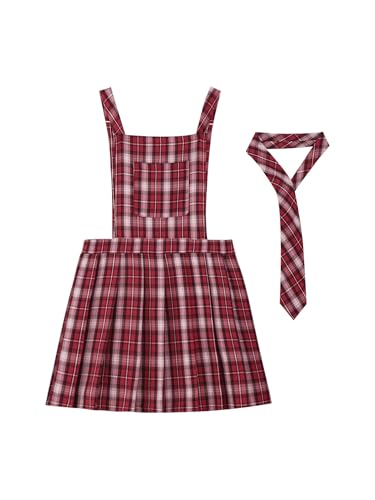 TiaoBug Mädchen Tartan Schottischer Rock Kariert Kilt mit Hosenträgern Sommer Latzkleid A Linie Kurz Knielang Latzrock gr. 110-170 Rot 146-152 von TiaoBug
