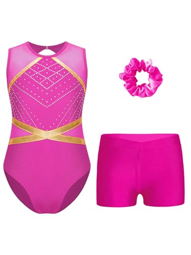 TiaoBug Mädchen Turnanzug Metallic Gymnastikanzug mit Flamme Ärmellos Trikot Leotard Gymnastik Turn Shorts Kurze Hose Tanz Kleidung Set Hot Pink G 110-116 von TiaoBug