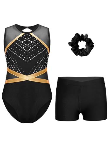TiaoBug Mädchen Turnanzug Metallic Gymnastikanzug mit Flamme Ärmellos Trikot Leotard Gymnastik Turn Shorts Kurze Hose Tanz Kleidung Set Schwarz G 110-116 von TiaoBug