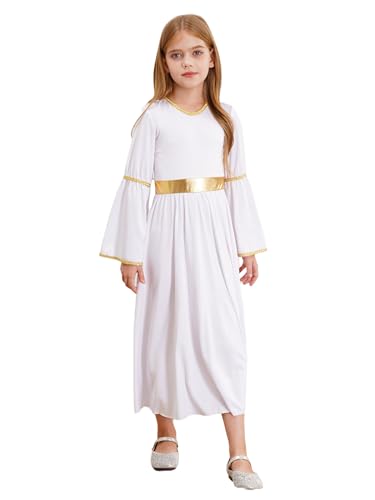 TiaoBug Mädchen Weihnachten Kleider Festlich Langarm Metallic A-Linie Partykleid Locker Lob Tanz Kleid Engel Kostüm Kirche Outfit Weiß 146-152 von TiaoBug