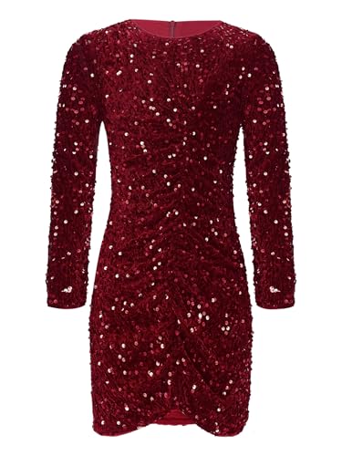 TiaoBug Mädchen Weihnachten Pailletten Kleider Langarm Rundhals T-Shirt Shirtkleider mit Glitzer Bling Bling Partykleider Slim Fit Festkleider Hochzeit Outfits Burgundy 170 von TiaoBug