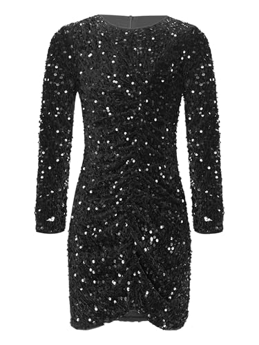 TiaoBug Mädchen Weihnachten Pailletten Kleider Langarm Rundhals T-Shirt Shirtkleider mit Glitzer Bling Bling Partykleider Slim Fit Festkleider Hochzeit Outfits Schwarz 170 von TiaoBug