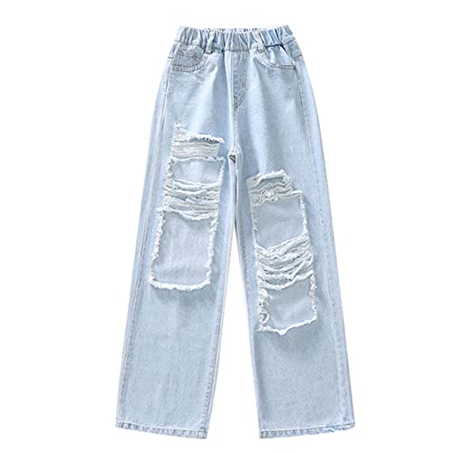 TiaoBug Mädchen Zerrissene Jeans Hose Loose Fit Denim Pants Stretch Leggings Freizeithose mit Dehnbund Kinderhose Streetwear Hell Blau JJ 158-164 von TiaoBug